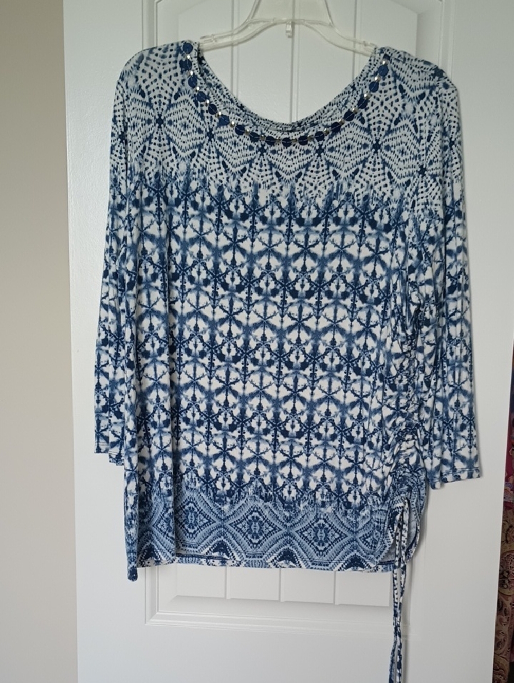 Ruby Rd. Blue and White Printed Tie-Side Blouse